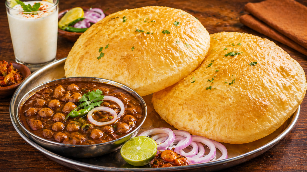 Delicious Chole Bhature served with onions and pickle